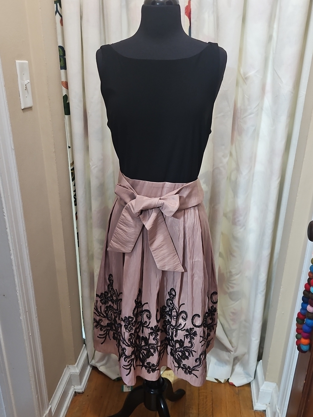 SLNY Dusty Pink Midi Dress with Black  Sequins Embroudery and Wrap Waist Tie